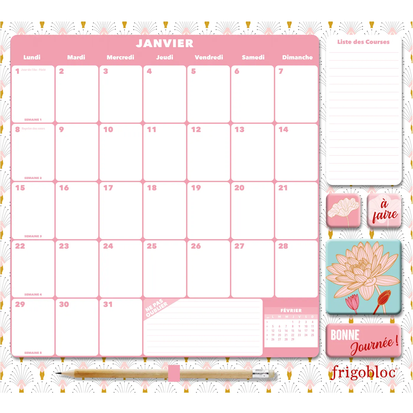Frigobloc Mensuel calendrier familial 2024 Art déco