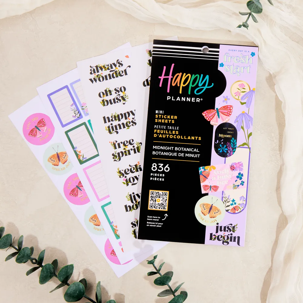 Happy Planner Midnight Botanical stickers Mini 30 feuilles nuit