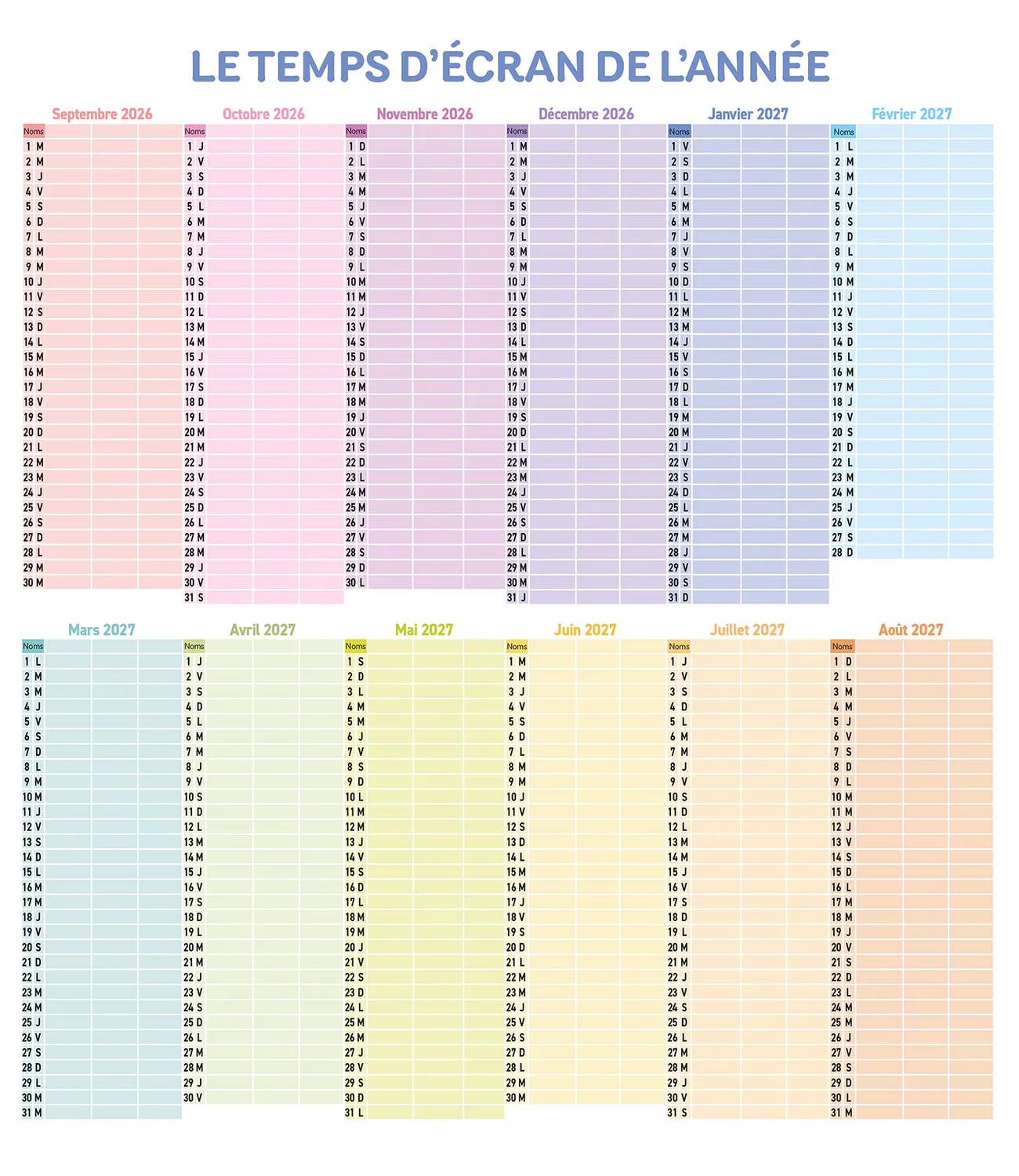 Frigobloc Mensuel 4 couleurs 2027 calendrier familial aimanté