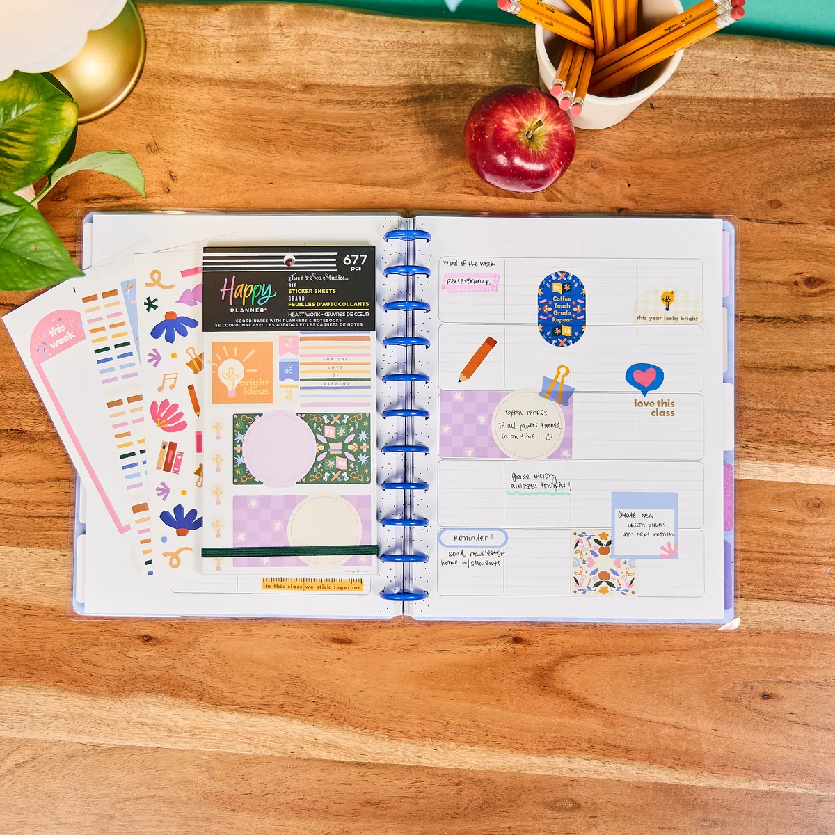 Happy Planner Heart Work Teacher big stickers 677 école