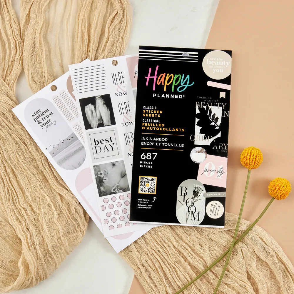 Happy Planner Ink Arbor Value Pack stickers 687 noir blanc