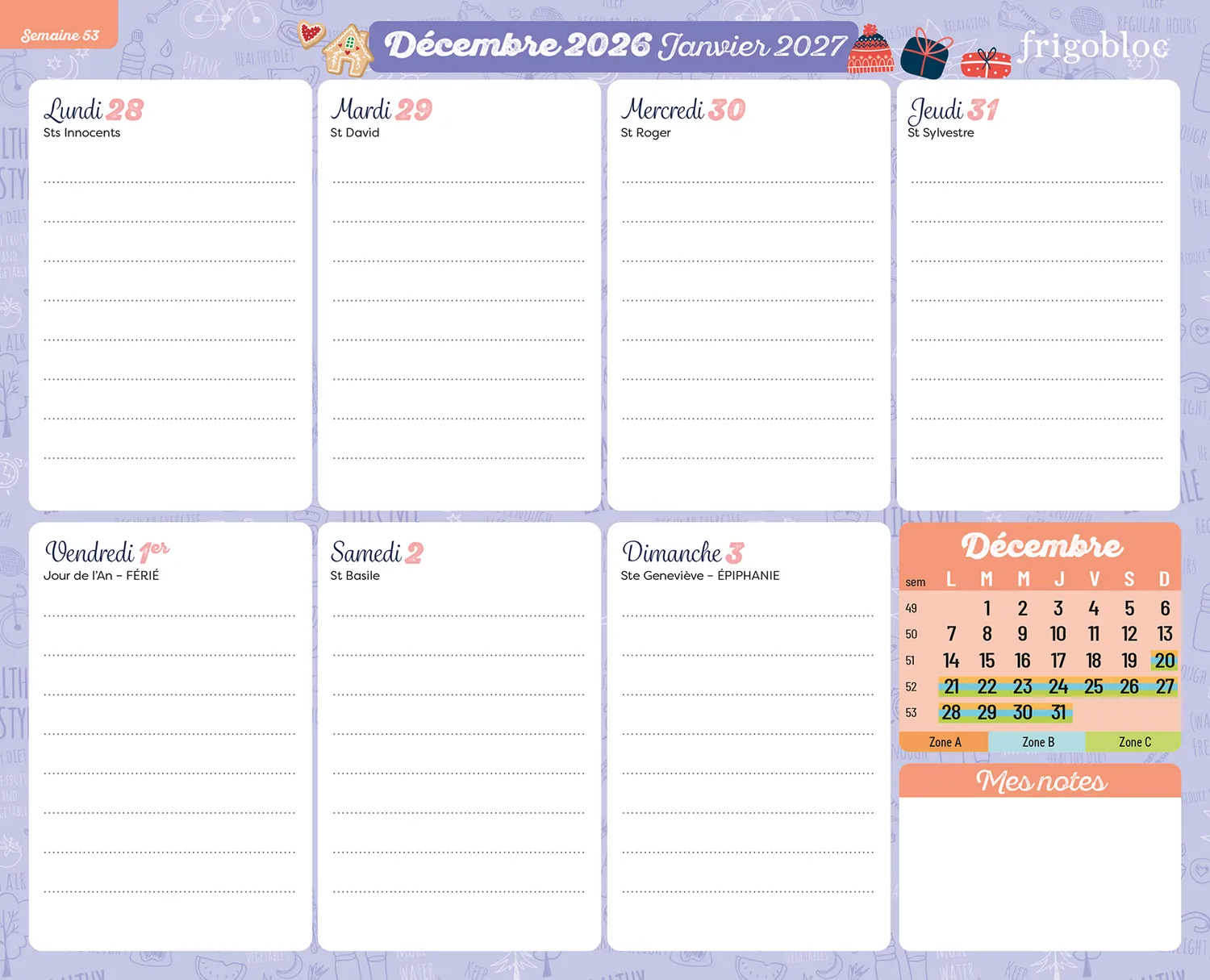 Frigobloc Planning hebdomadaire calendrier familial 2027 aimanté