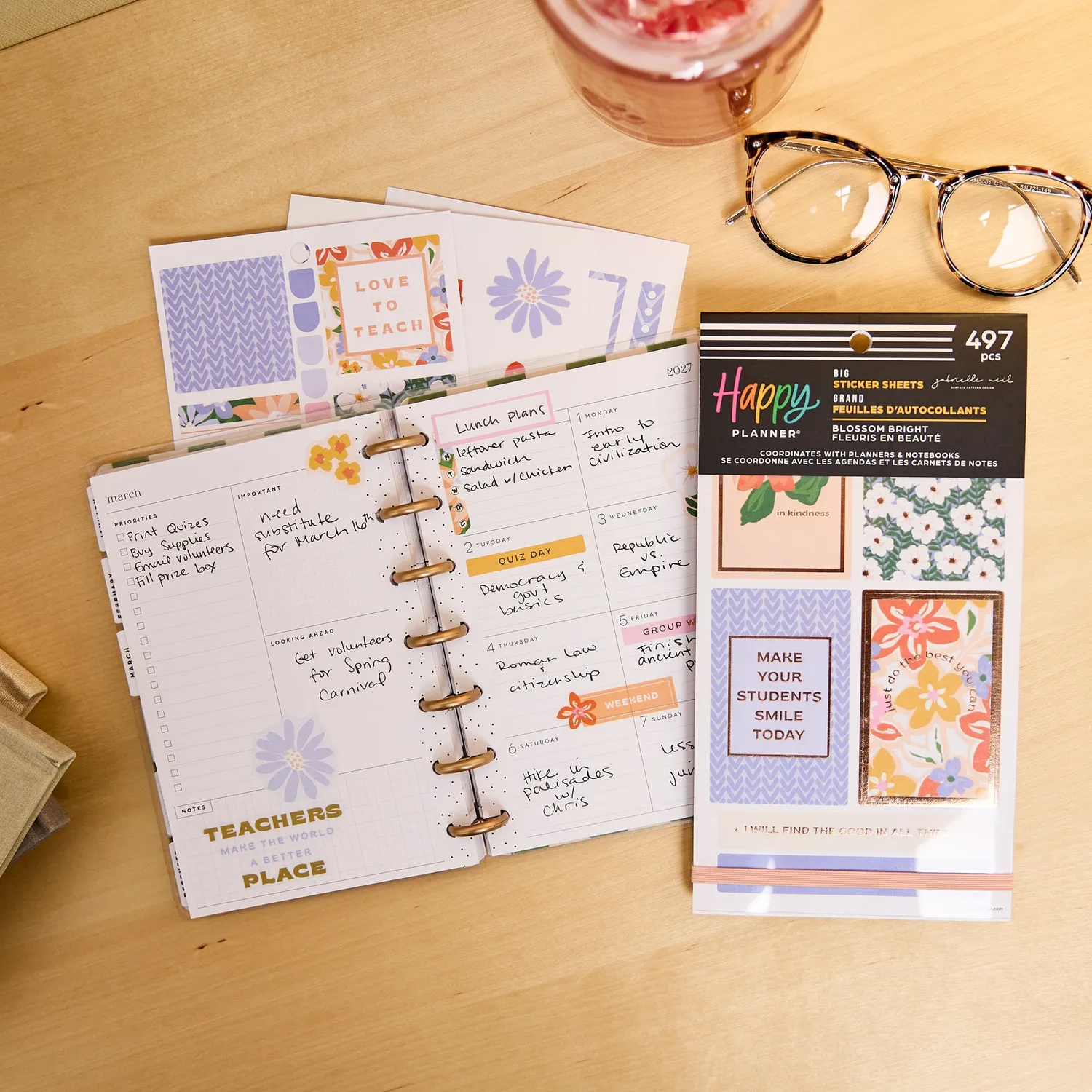 Happy Planner Blossom Bright Teacher stickers Big 30 planches floral