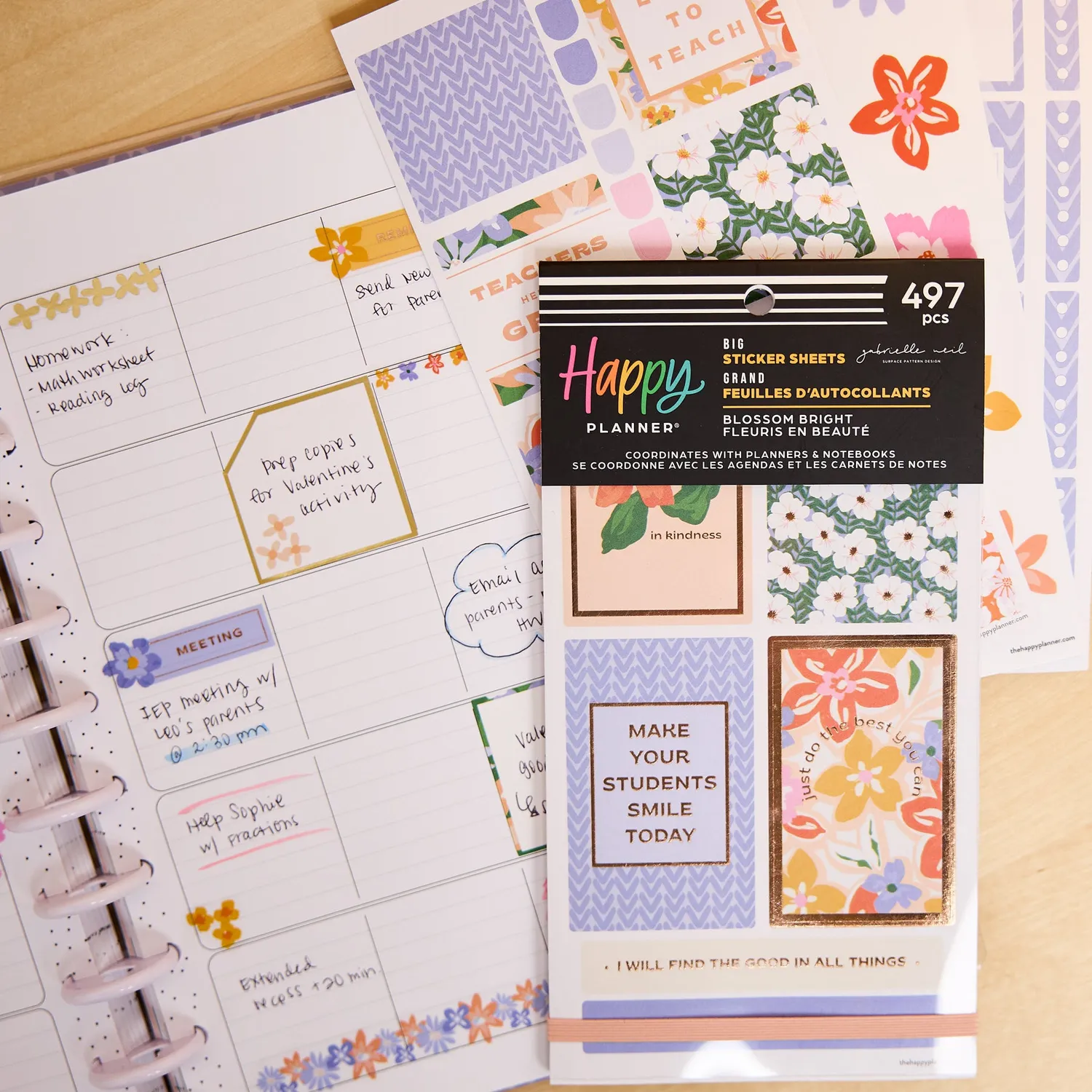 Happy Planner Blossom Bright Teacher stickers Big 30 planches floral