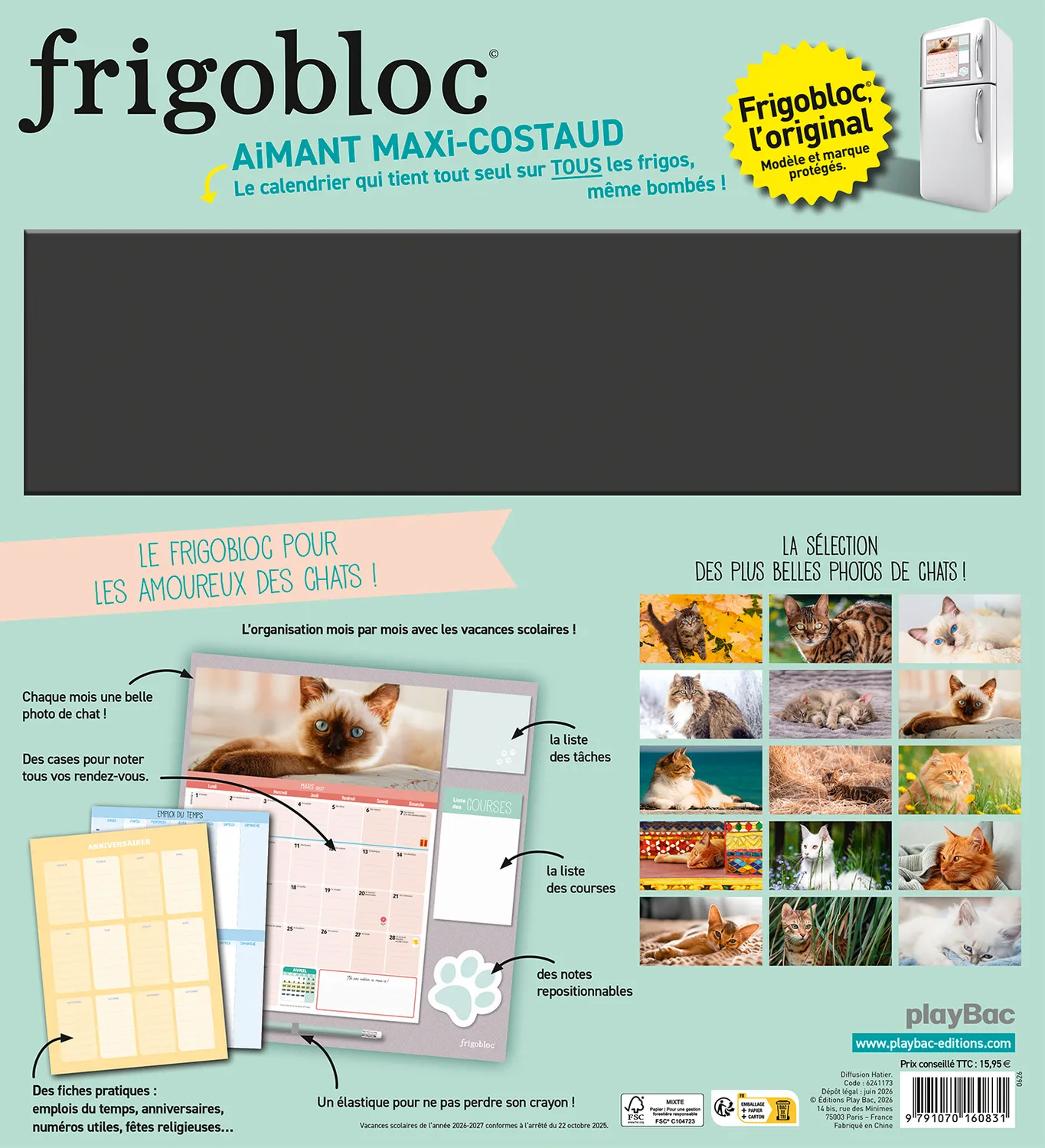 Frigobloc Mensuel Chats 2027 calendrier familial sept 2026-déc 2027