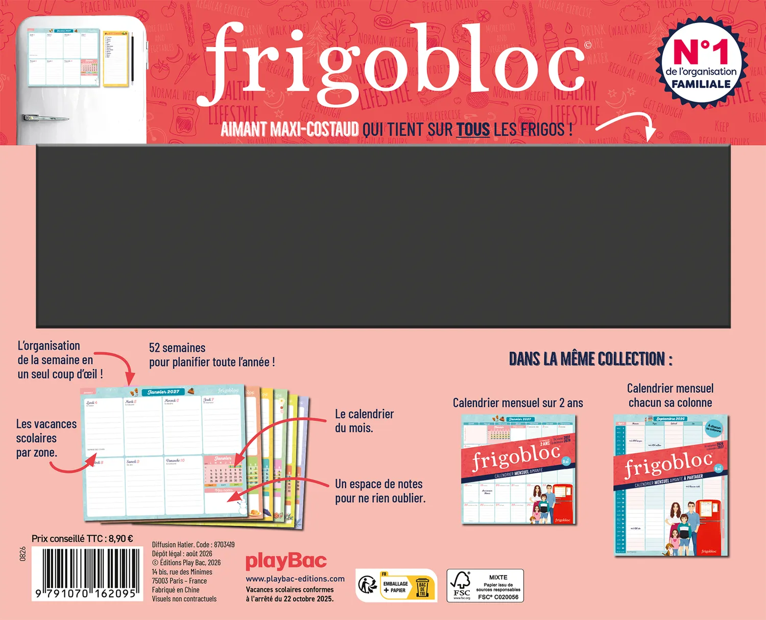 Frigobloc Planning hebdomadaire calendrier familial 2027 aimanté