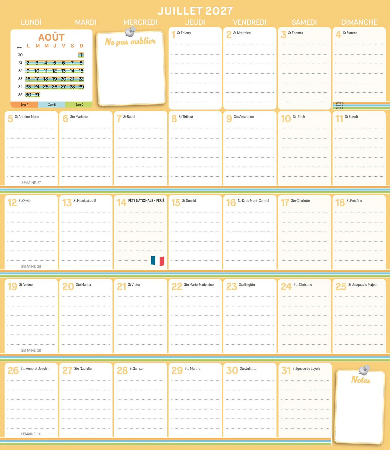 Frigobloc Mensuel 2027 calendrier familial 16 mois aimanté