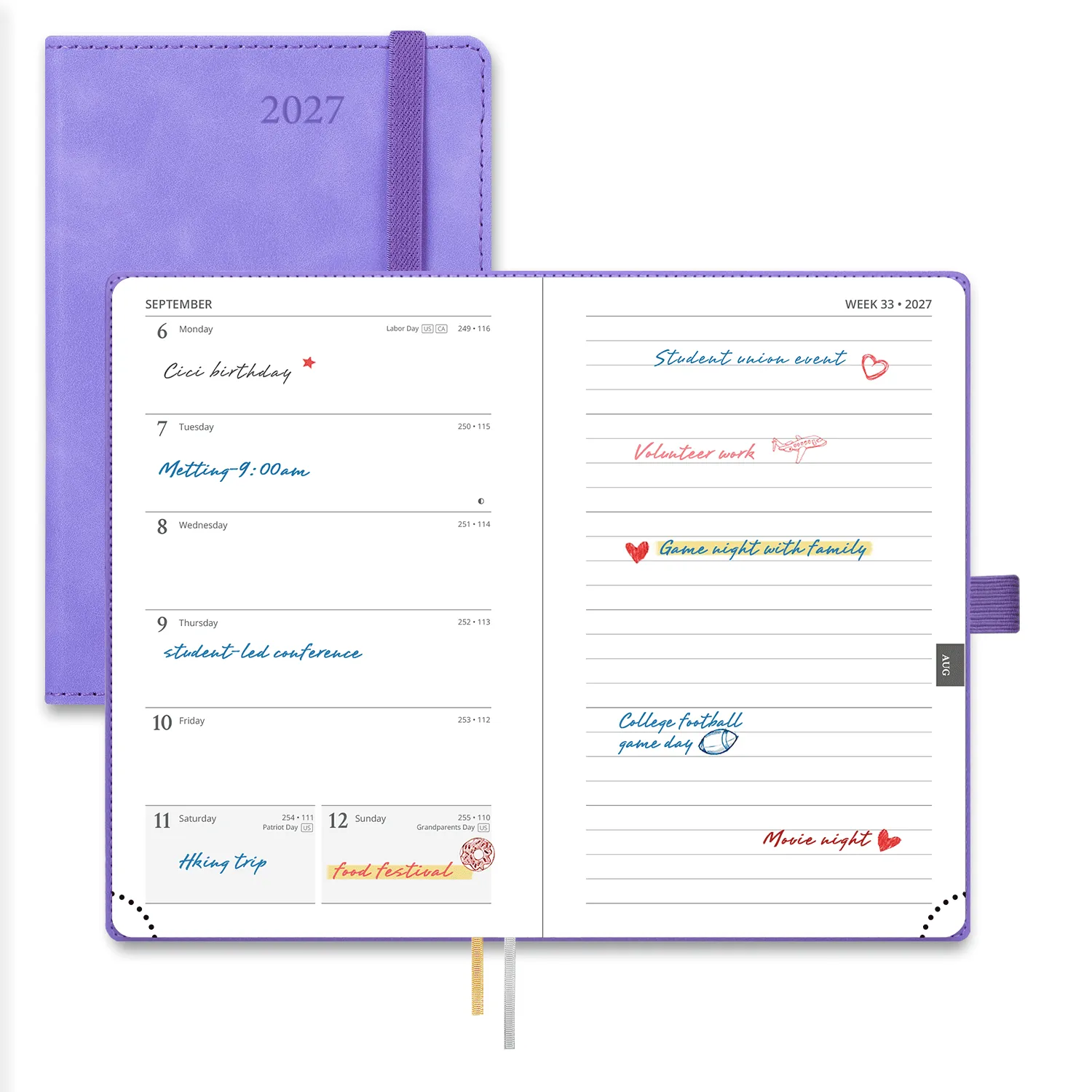 Poprun CENLA6-27 agenda semainier A6 2027 avec notes lilas