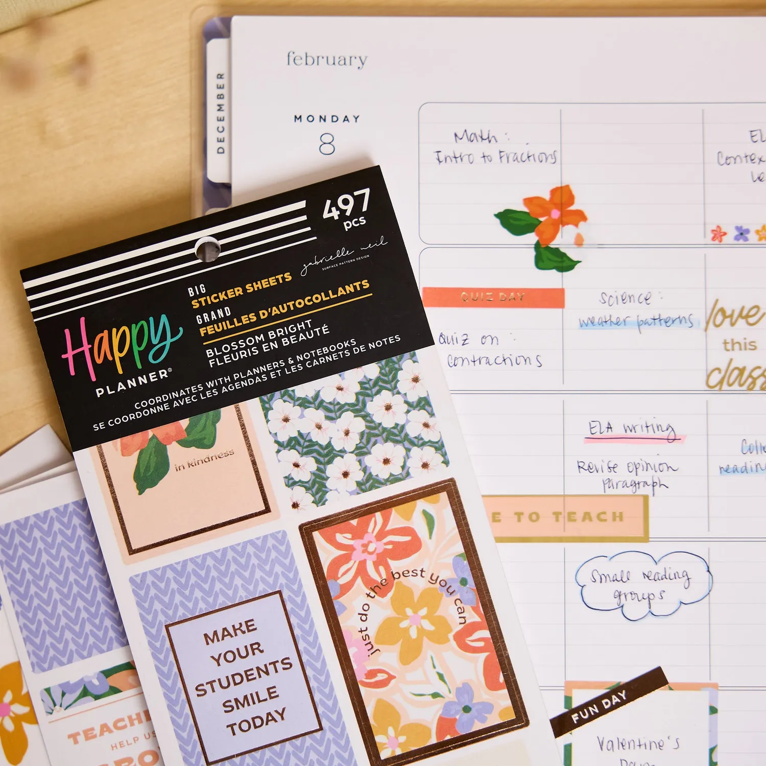 Happy Planner Blossom Bright Teacher stickers Big 30 planches floral