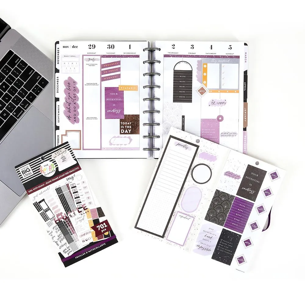 Happy Planner Girl With Goals carnet stickers + post-it violet