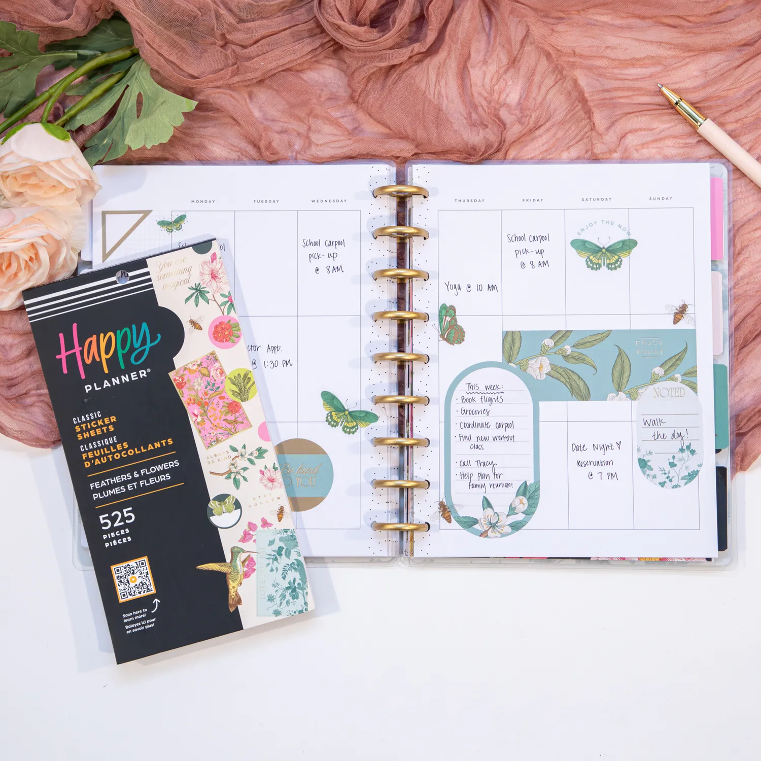 Happy Planner Feathers Flowers stickers dorés 525 pièces