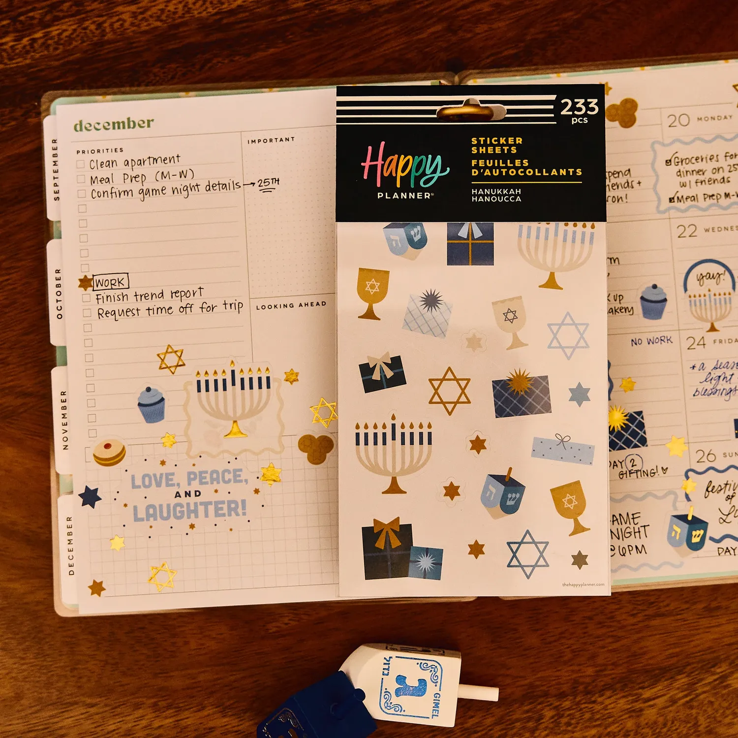 Happy Planner Hanukkah stickers agenda 5 planches bleu or