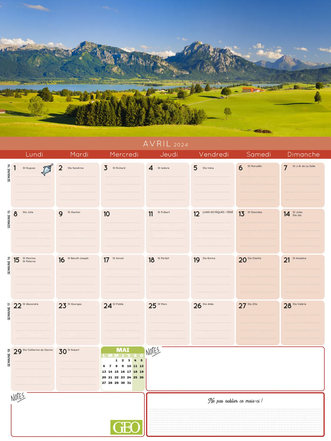 Frigobloc Mensuel 2024 Géo calendrier familial 16 mois