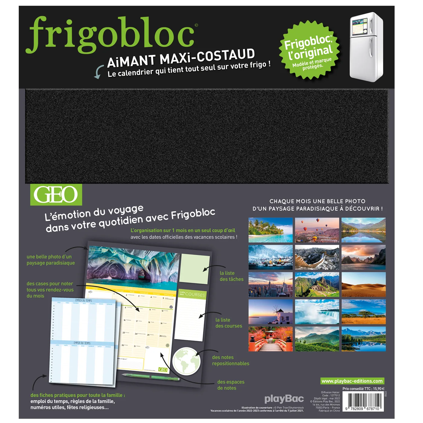 Frigobloc Mensuel Géo 2023 calendrier familial aimanté photos