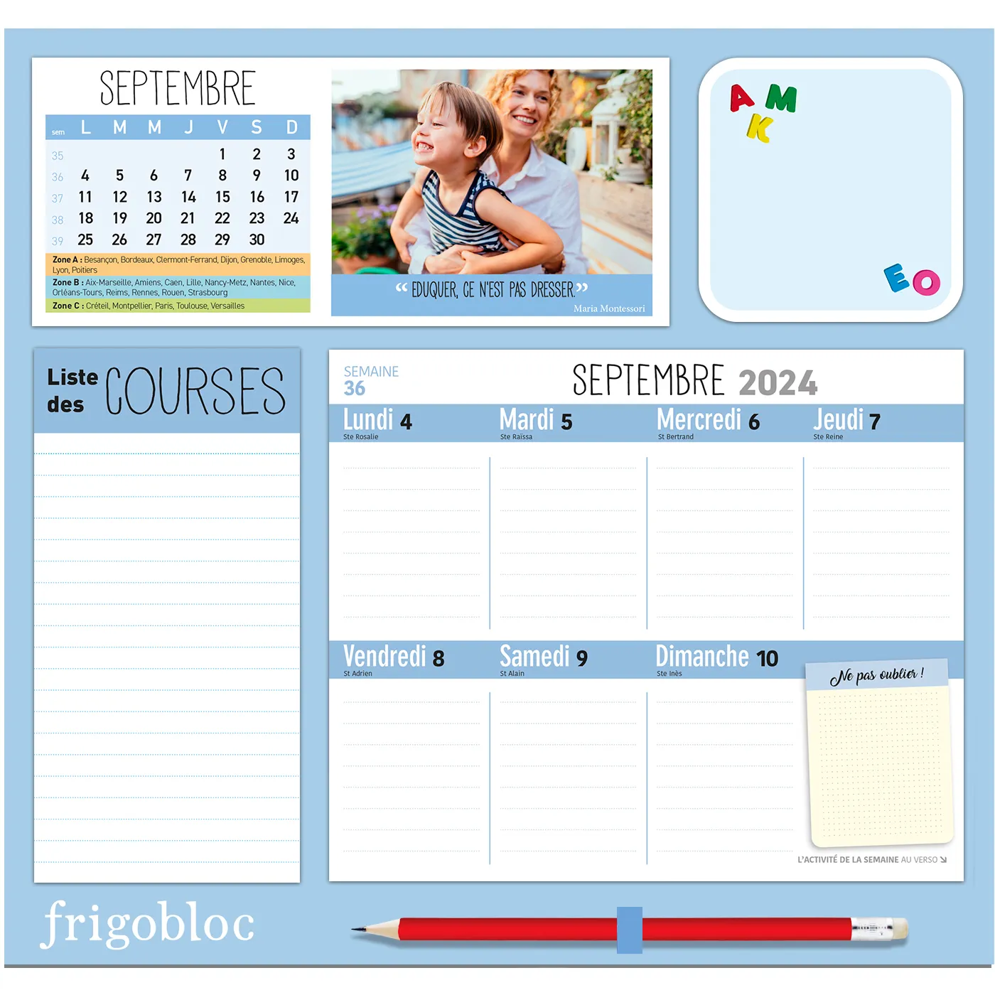 Frigobloc Hebdomadaire 2025 Montessori calendrier familial aimanté