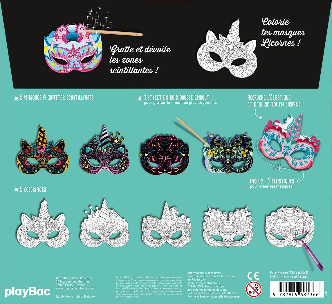 Frigobloc Licornes masques à gratter pochette 5 masques
