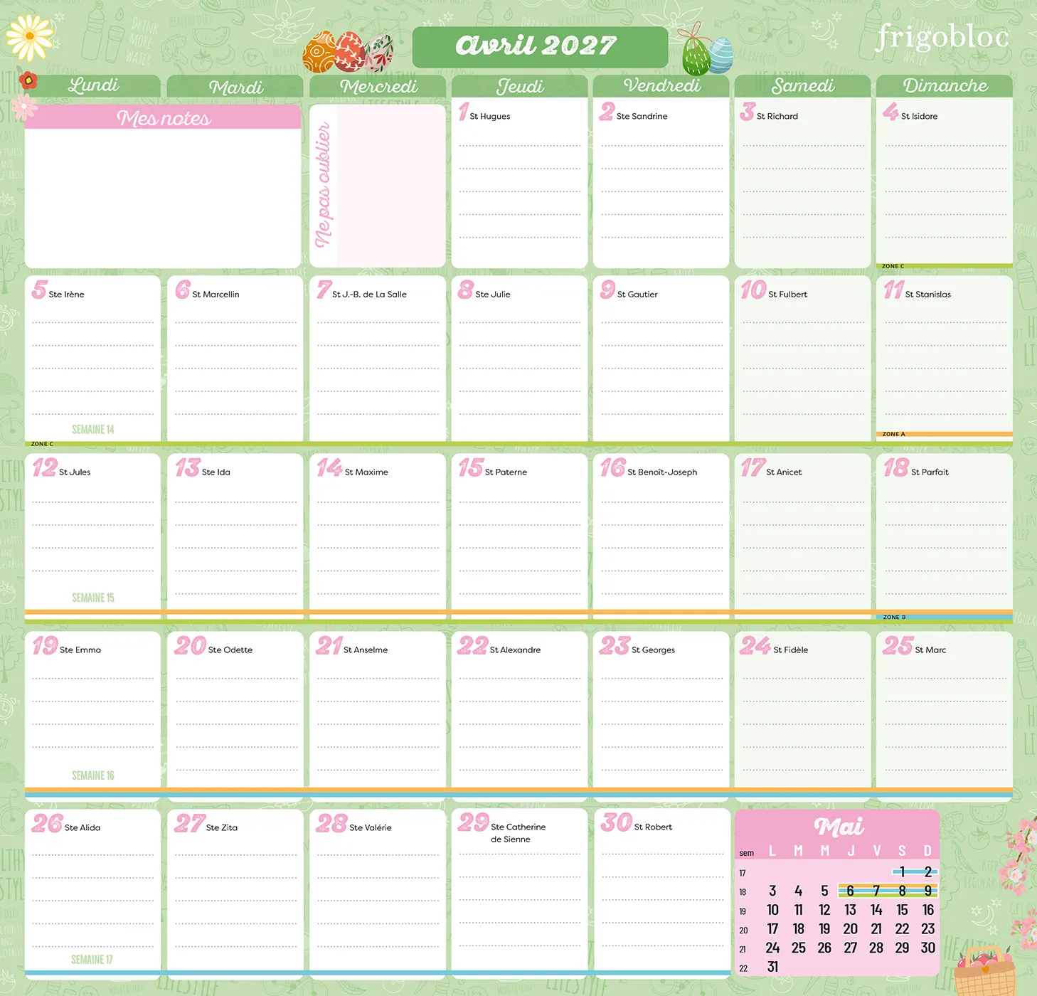 Frigobloc Planning mensuel 2 ans calendrier janv 2027-déc 2028
