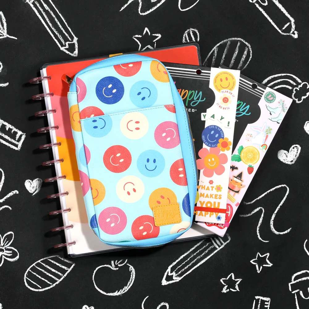 Happy Planner Super Happy pochette stickers zip smiley simili cuir