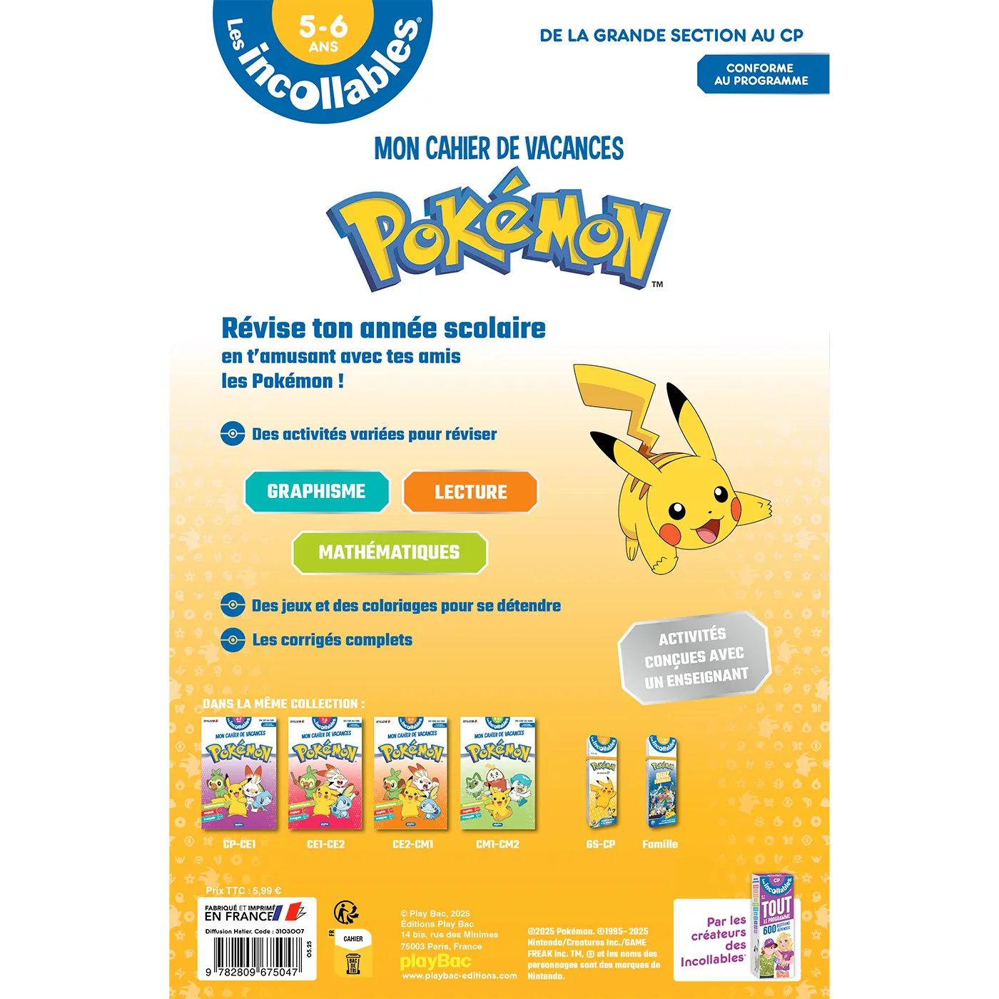 Les Incollables Pokémon Grande Section CP cahier vacances