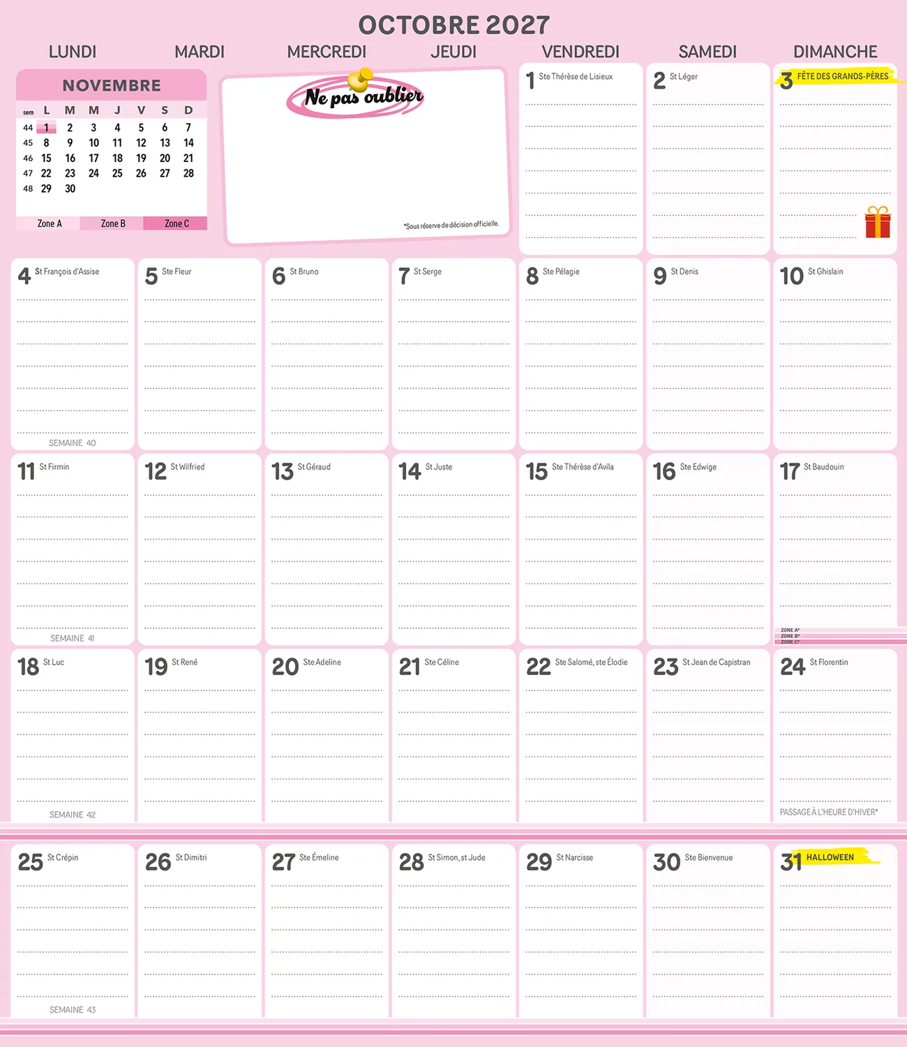 Frigobloc Mensuel Fluo 2027 calendrier familial 16 mois aimanté