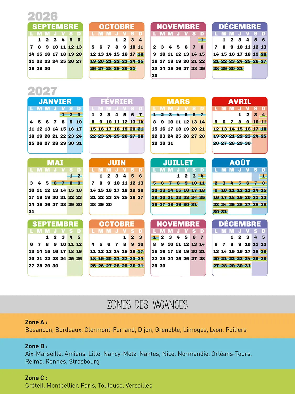 Frigobloc Mensuel GEO calendrier familial sept 2026-déc 2027