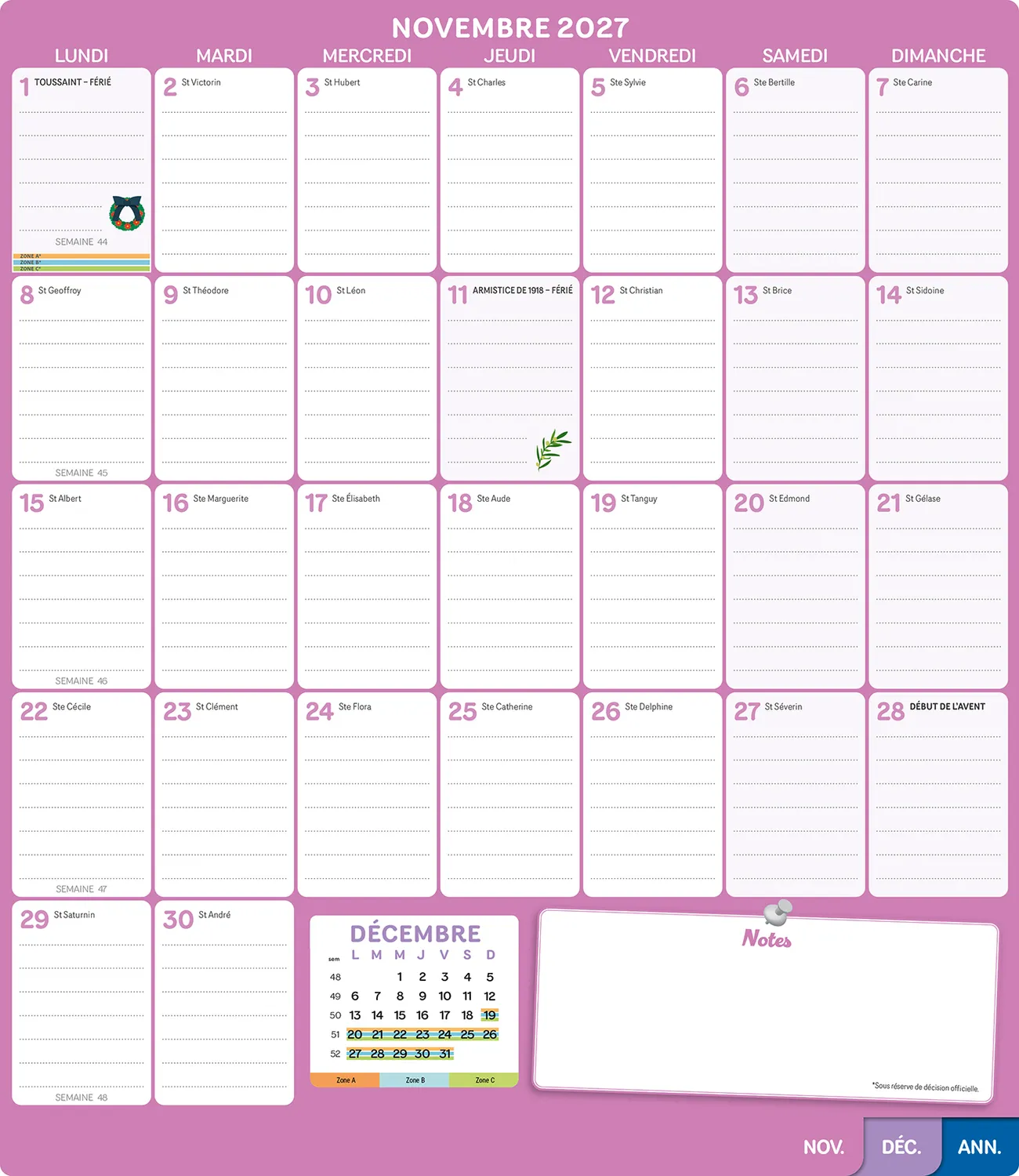 Frigobloc Mensuel calendrier familial 2027 à onglets aimanté