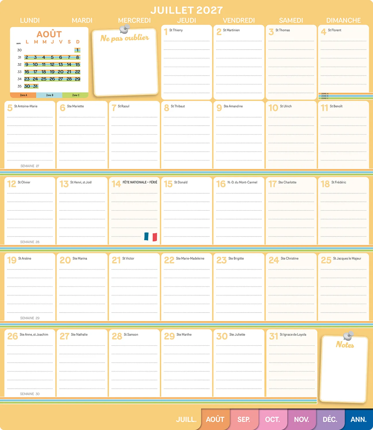 Frigobloc Mensuel calendrier familial 2027 à onglets aimanté