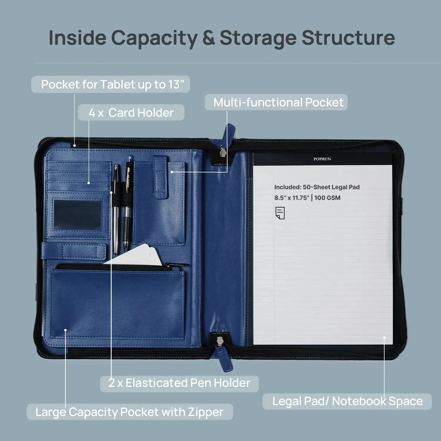 Poprun PF1113PU-BL conférencier zippé bleu avec bloc