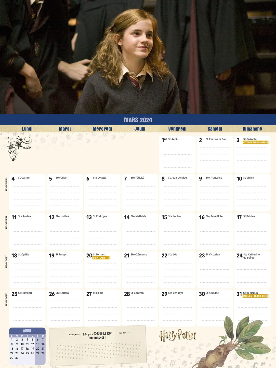 Frigobloc Mensuel 2024 Harry Potter calendrier familial 16 mois