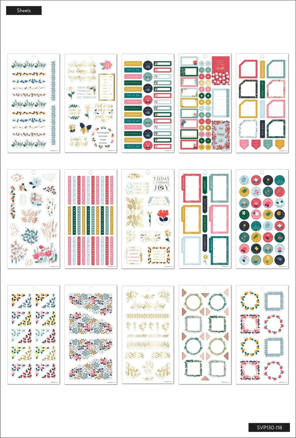 Happy Planner Teeny Florals carnet stickers 574 doré floral