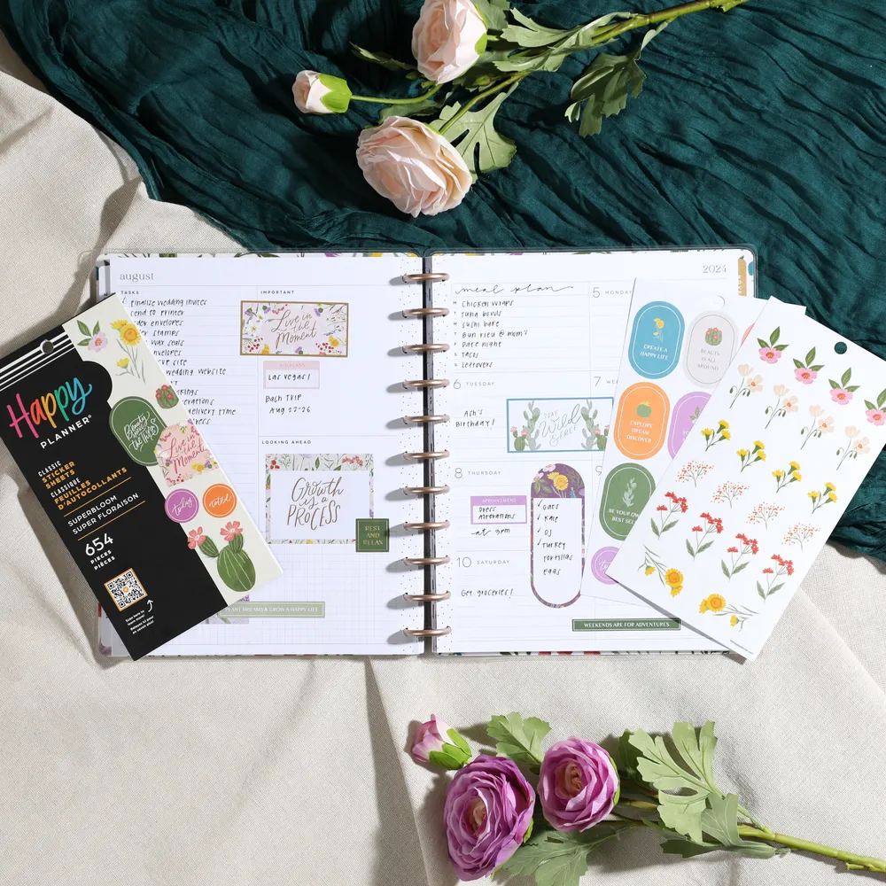 Happy Planner Superbloom stickers agenda 654 pcs fleurs doré