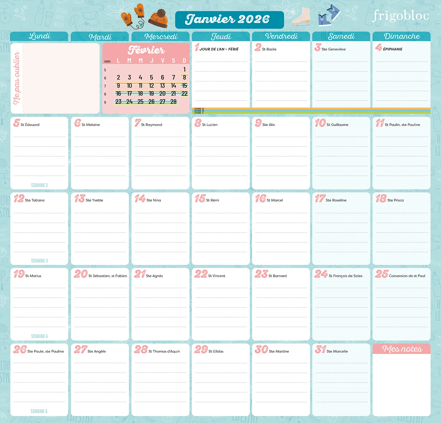 Frigobloc Planning Mensuel 2026-2027 calendrier 2 ans