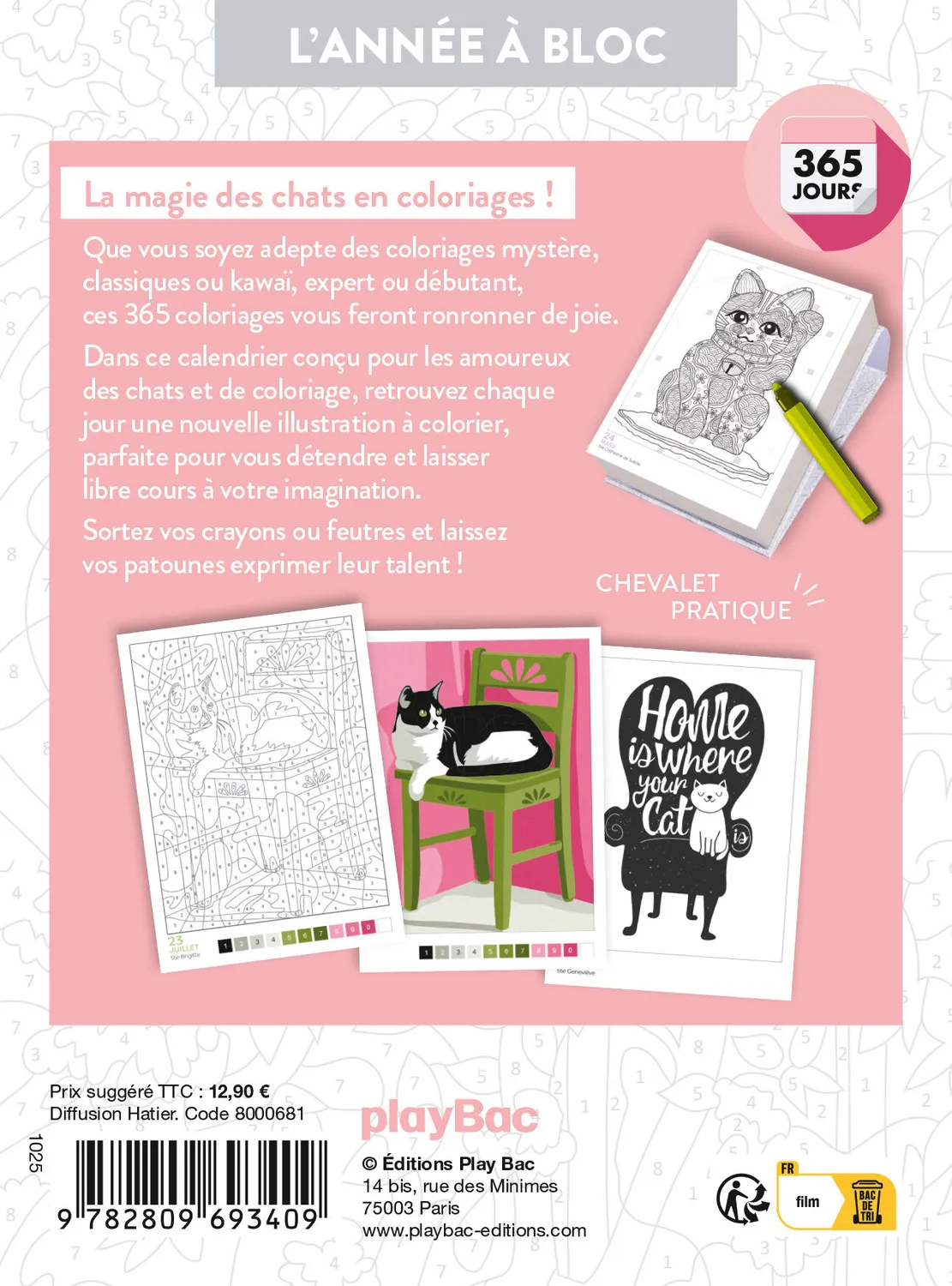 Frigobloc Année à bloc Coloriages Chats 365 jours calendrier