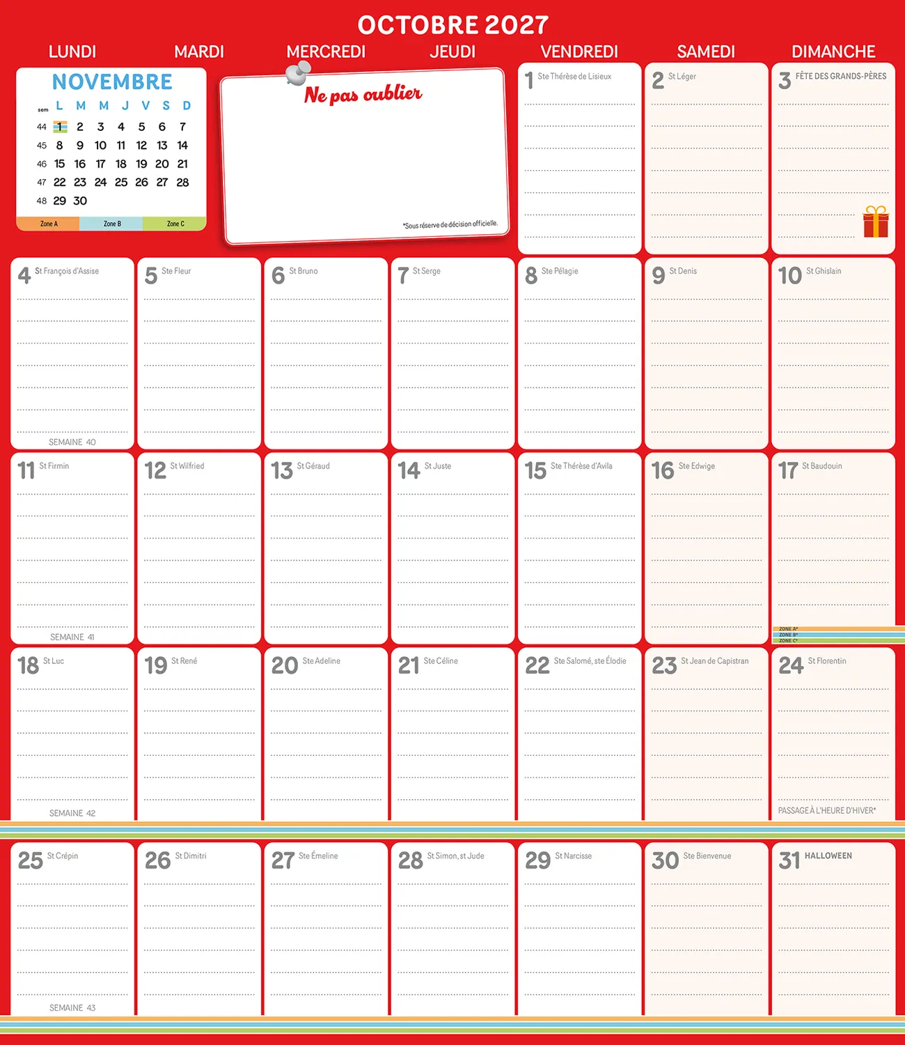 Frigobloc Mensuel 4 couleurs 2027 calendrier familial aimanté