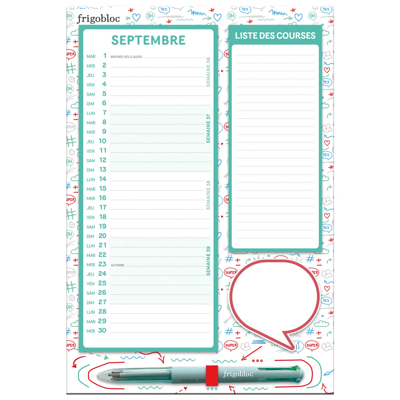 Frigobloc Mini Mensuel 2027 calendrier familial sept. 2026-déc. 2027