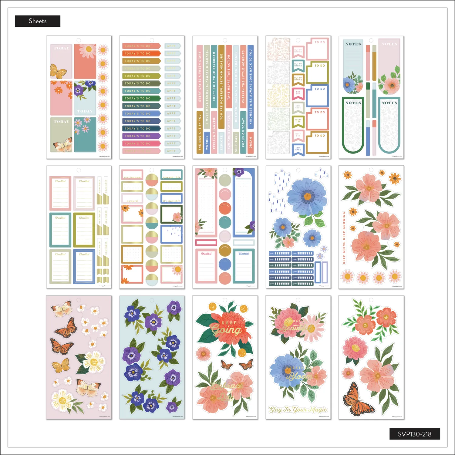 Happy Planner Paper Raven Co stickers Classic 344 floral doré