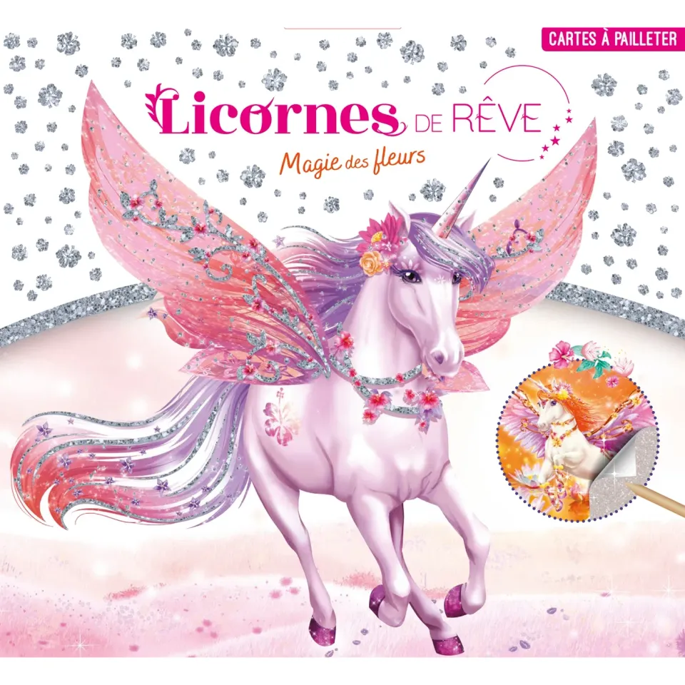 Licornes de rêve Magie des fleurs cartes à pailleter lot