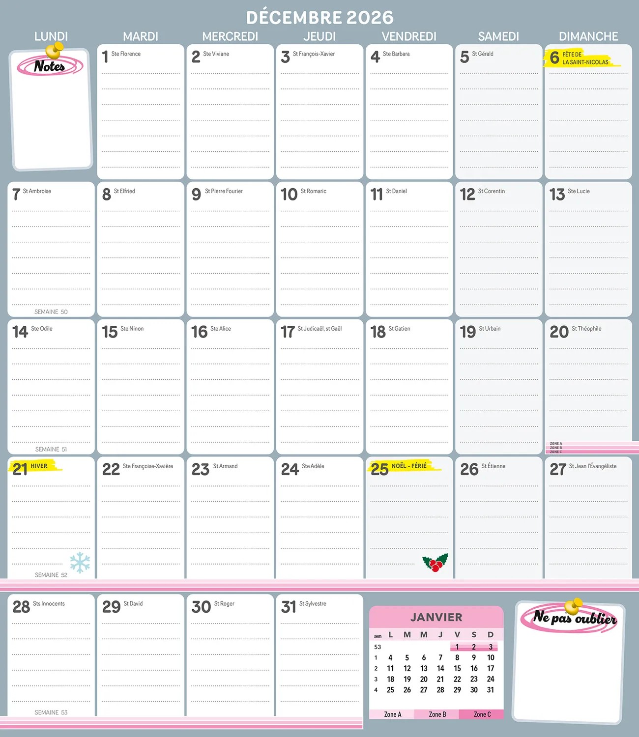 Frigobloc Mensuel Fluo 2027 calendrier familial 16 mois aimanté