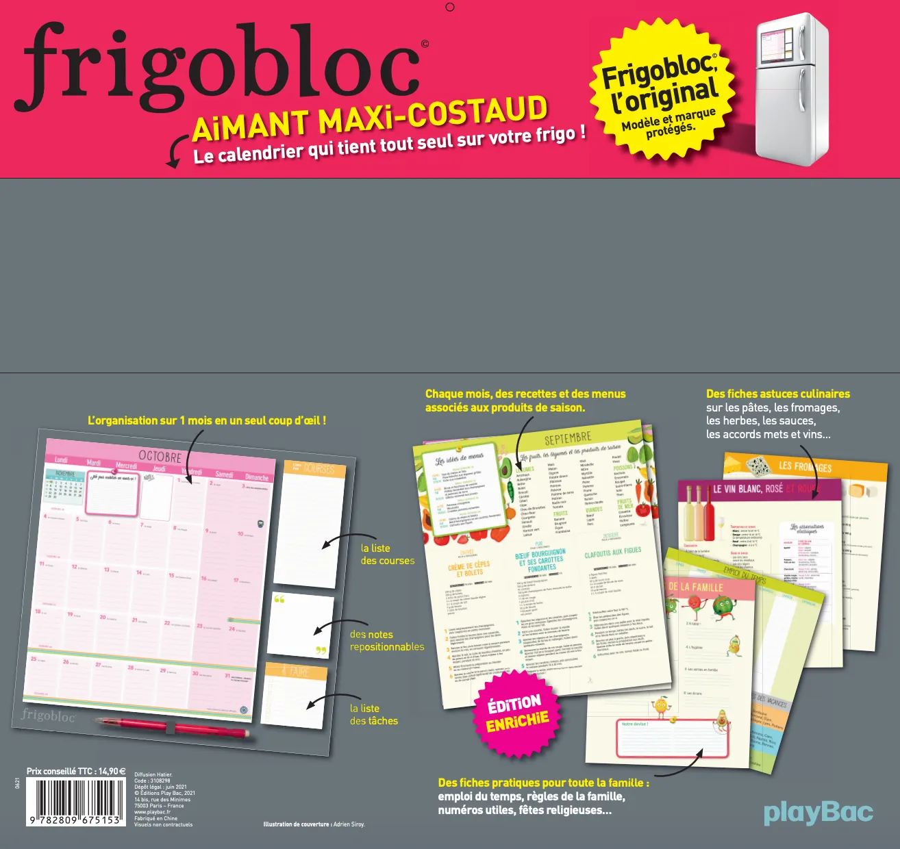 Frigobloc Mensuel 2022 calendrier familial aimanté sept 2021-déc 2022