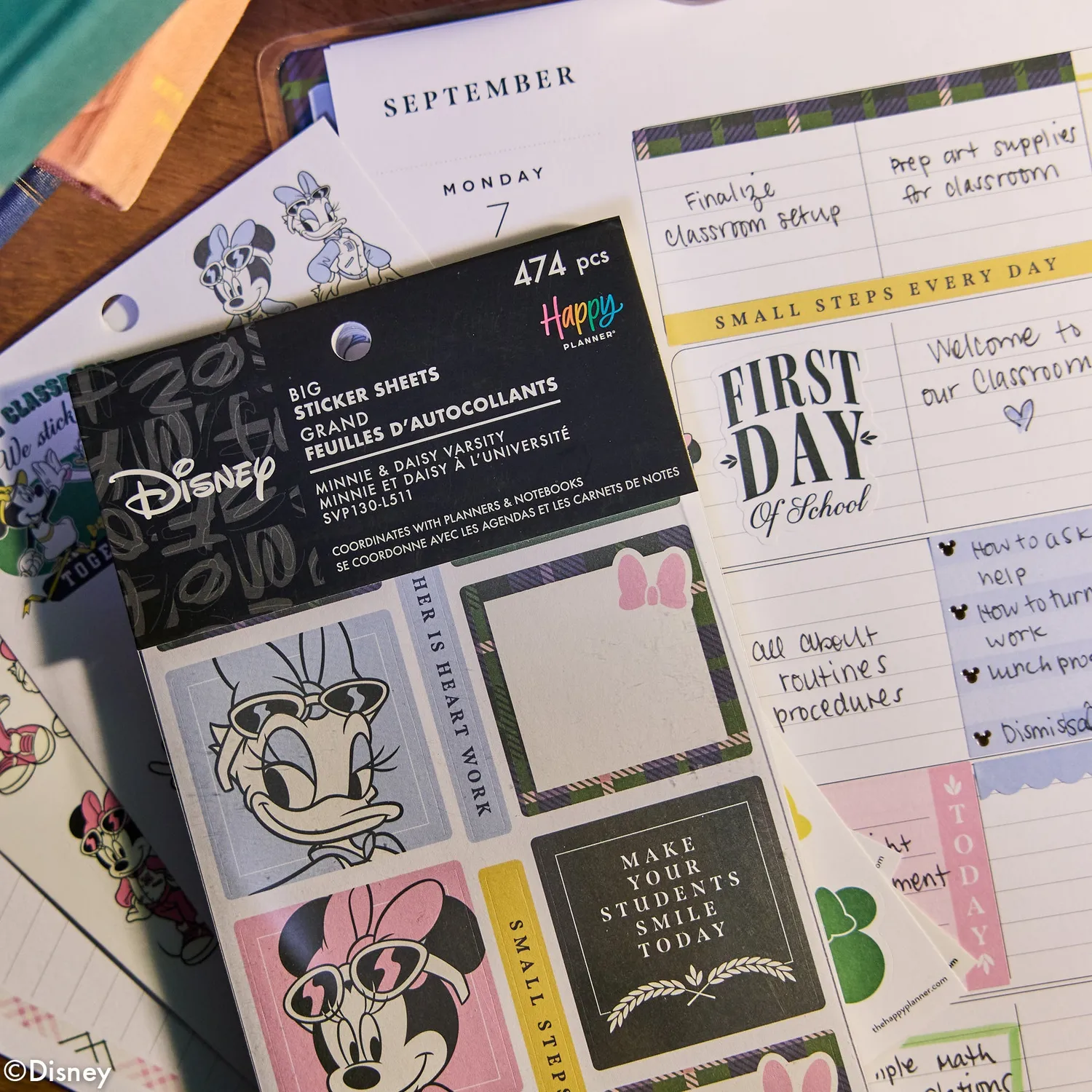 Happy Planner Disney Minnie Daisy stickers big teacher varsity