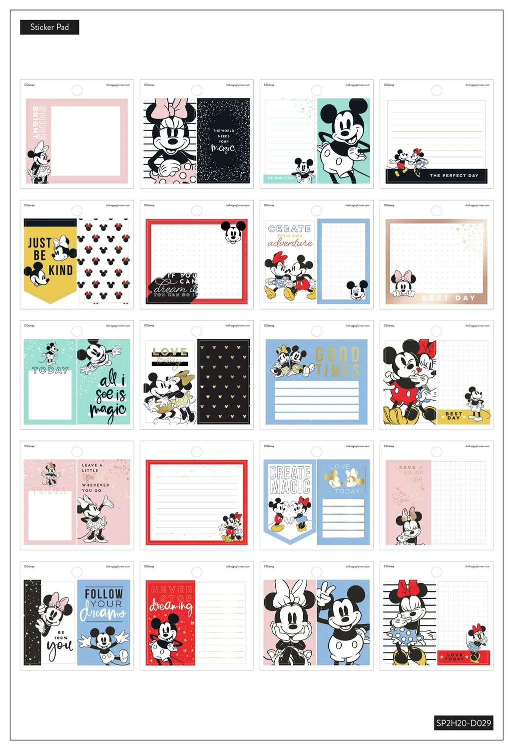 Happy Planner Disney Mickey Minnie bloc stickers 20 feuilles