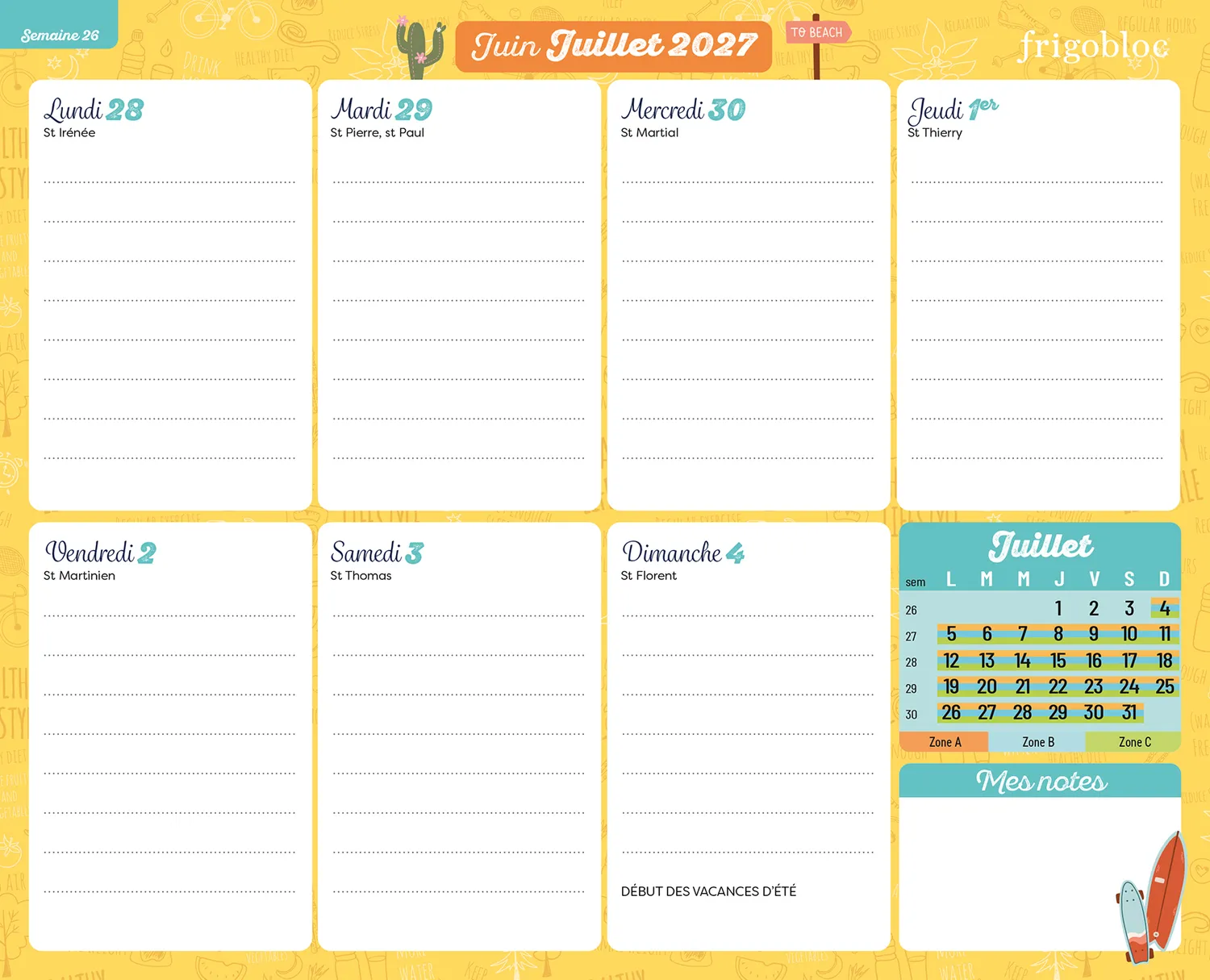 Frigobloc Planning hebdomadaire calendrier familial 2027 aimanté