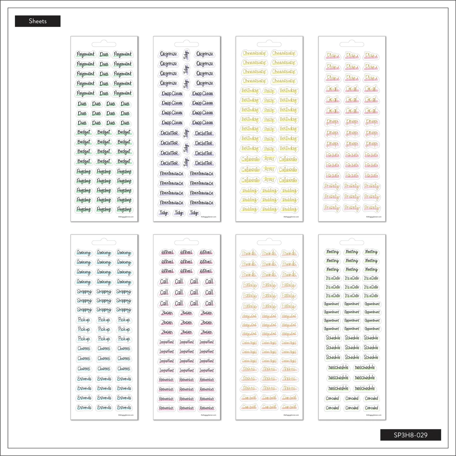 Happy Planner Hand Lettered Basics stickers 8 feuilles lettrage