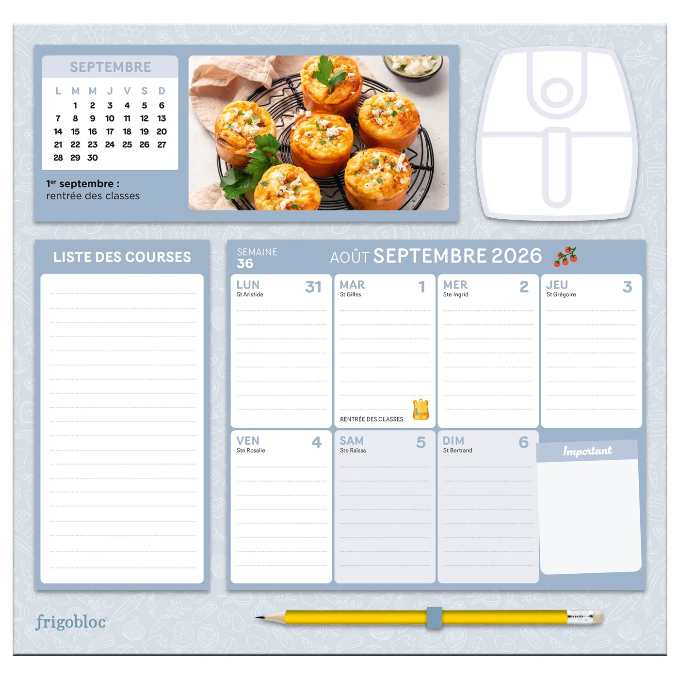 Frigobloc Air Fryer 2027 calendrier familial frigo semaine