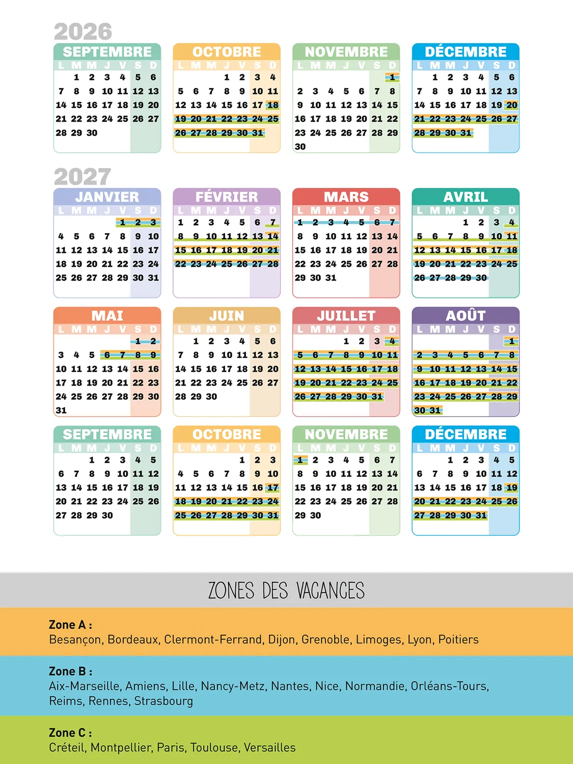 Frigobloc Mensuel Chats 2027 calendrier familial sept 2026-déc 2027
