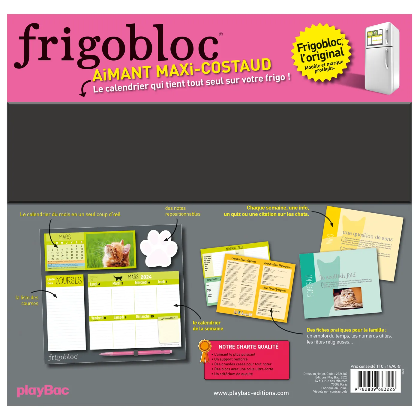 Frigobloc Hebdomadaire 2024 Chats calendrier familial aimanté 16 mois