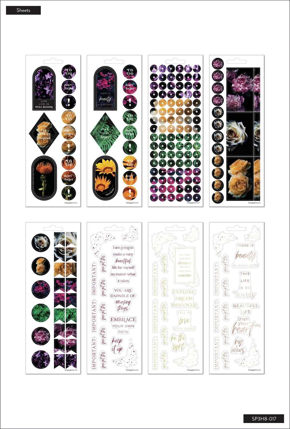 Happy Planner Moody Botanicals stickers fleurs 8 feuilles