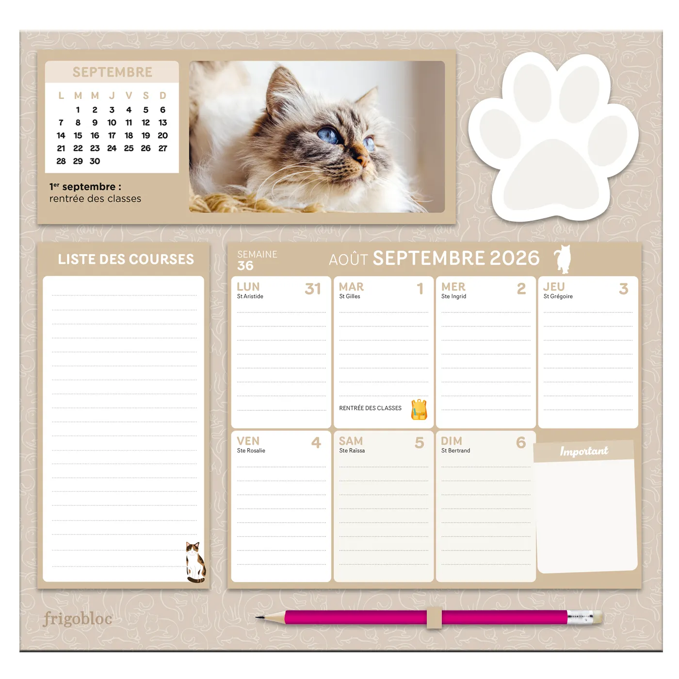 Frigobloc Hebdomadaire Chat 2027 calendrier familial 16 mois