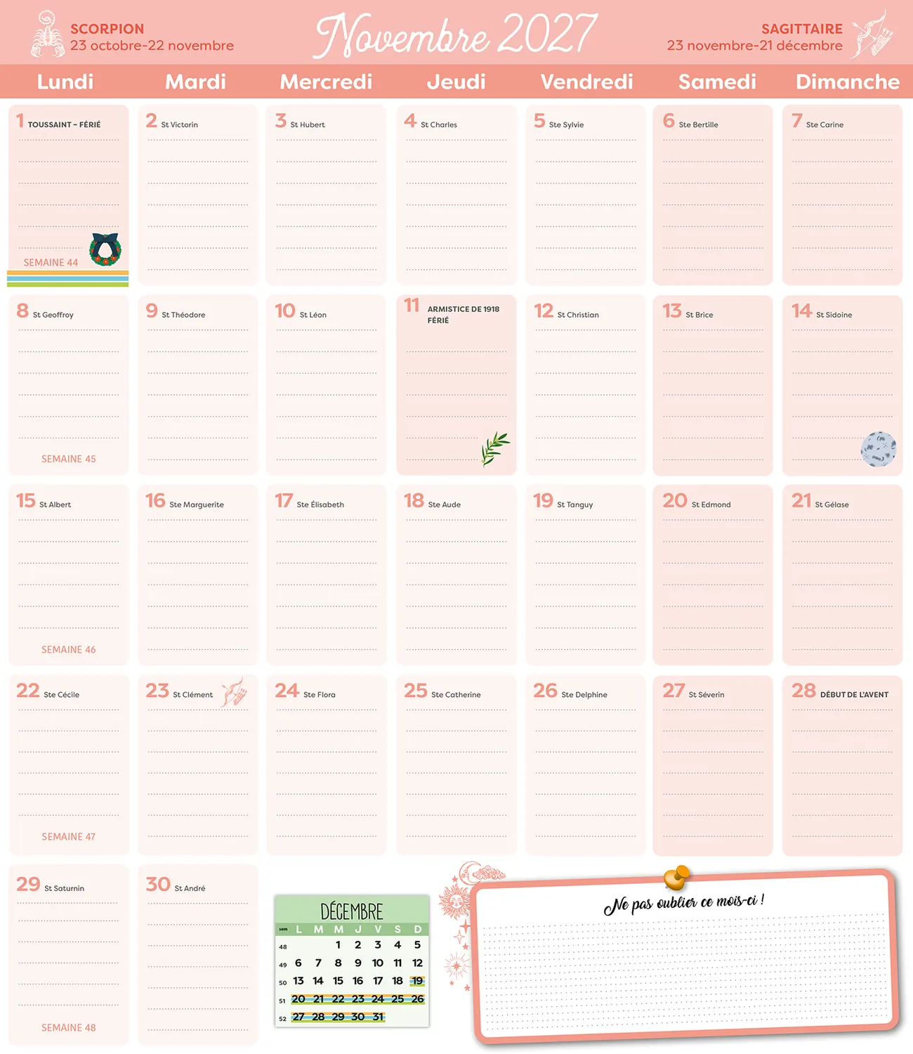 Frigobloc Mensuel 2027 Horoscope calendrier familial aimanté