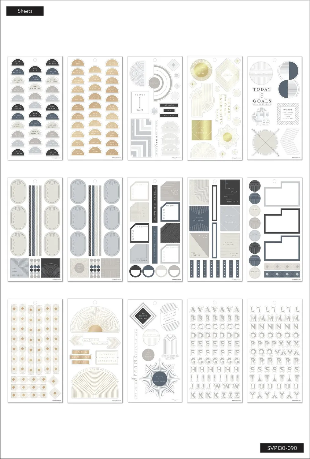 Happy Planner Align stickers 30 planches 698 stickers neutre doré